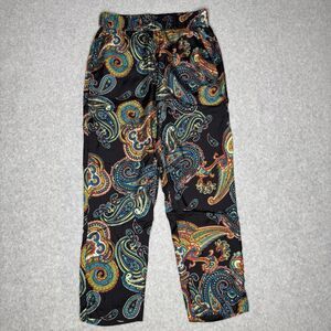 J Crew Pull On Silk Pants Womens 0 Black Paisley Ankle Casual Trousers